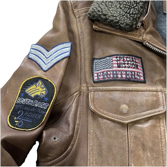 Vtg Excelled Bomber Aviator Jacket Leather Brown Men M Rider Distressed Patches - Picture 2 of 16
